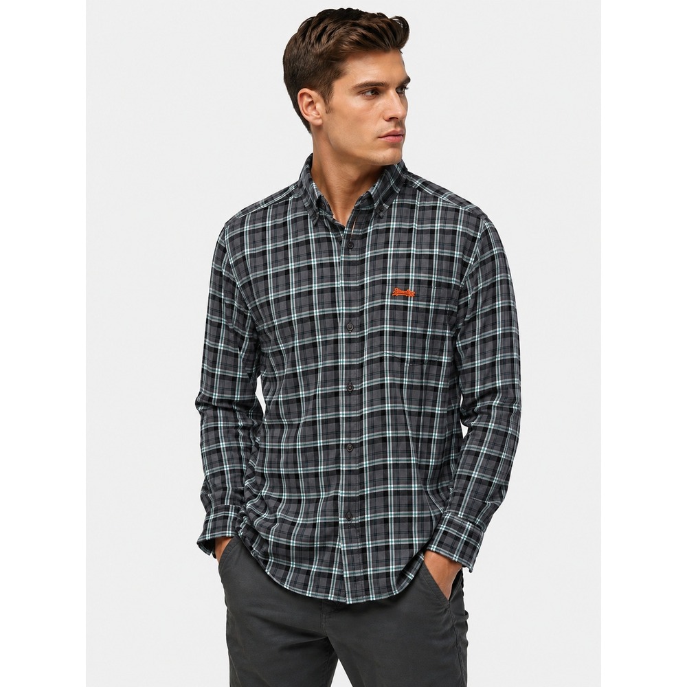 Superdry Men's 100% Cotton Gray Plaid Long Sleeve Flannel Shirt XL